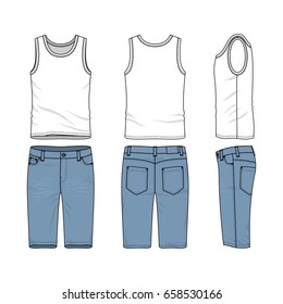 Front, back and side views of men's clothing set. Blank vector templates of vest, pants.