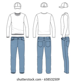 Front, back and side views of men's wear. Blank vector templates of tee shirt, pants, baseball cap. Clothing set in casual style. Fashion illustration.