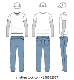 Front, back and side views of men's wear. Blank vector templates of tee shirt, pants, baseball cap. Clothing set in casual style. Fashion illustration.