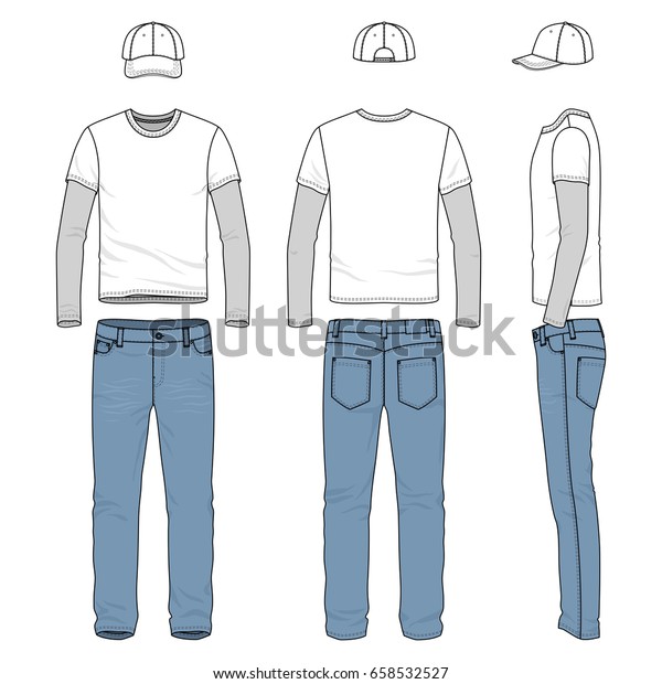 男性服の正面 背面 側面図 Tシャツ ズボン 野球帽の空白のベクター画像テンプレート カジュアルスタイルの服 ファッションイラスト のベクター画像素材 ロイヤリティフリー