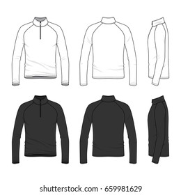 Front, back and side views of raglan sleeved t-shirt with zipper. Clothing set in white and black colors. Blank vector templates. Fashion illustration. Isolated on white background.