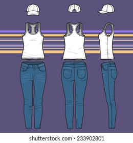 Front, back and side views of women's clothing set. Blank templates of racer top, cap and jeans.  Casual style. Vector illustration on the striped background for your fashion design. 