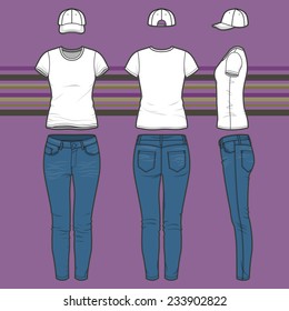 Front, back and side views of women's clothing set. Blank templates of t-shirt, cap and jeans.  Casual style. Vector illustration on the striped background for your fashion design. 