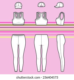 Front, back and side views of women's clothing set. Blank wear templates. Racer back top, cap, leggings. Casual, sport style. Vector illustration on the striped background for your fashion design. 