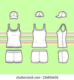 Front, back and side views of women's clothing set. Blank templates of top, cap and shorts.  Casual style. Vector illustration on the striped background for your fashion design. 