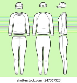 Front, back and side views of women's clothing set. Blank templates of sweatshirt, cap and leggings. Casual style. Vector illustration on the striped background for your fashion design. 