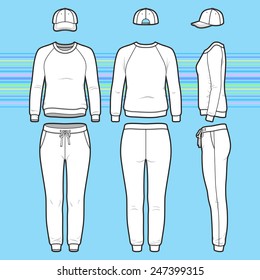 Front, back and side views of women's clothing set. Blank templates of sweatshirt, cap and sweatpants. Sport style. Vector illustration on the striped background for your fashion design. 