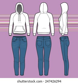 Front, back and side views of women's clothing set. Blank templates of hoodie and jeans. Sport style. Vector illustration on the striped background for your fashion design. 