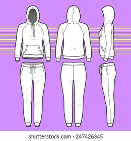 Front, back and side views of women's clothing set. Blank templates of hoodie and sweatpants. Sport style. Vector illustration on the striped background for your fashion design. 