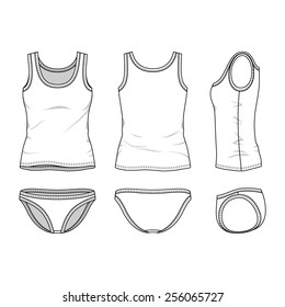 Front, back and side views of women's clothing set. Blank templates of top and slip. Casual style. Vector illustration on the striped background for your fashion design. Isolated on white.