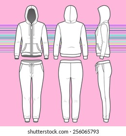 Front, back and side views of women's clothing set. Blank templates of hoodi with zipper and sweatpants. Sport style. Vector illustration on the striped background for your fashion design. 