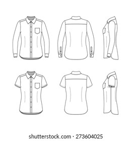 Front, back and side views of women's set. Blank templates of shirts with short and long sleeves. Casual style. Vector illustration for your fashion design. 