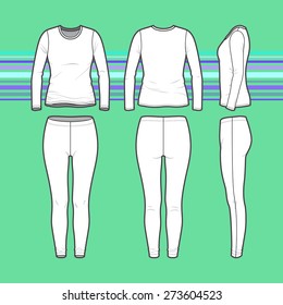 Front, back and side views of women's clothing set. Blank templates of tee and leggings. Casual style. Vector illustration on the striped background for your fashion design. 