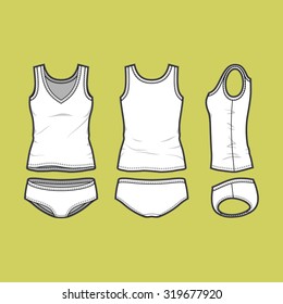 Front, back and side views of women's clothing set. Blank templates of v-neck top and slip. Casual style. Vector illustration for your fashion design. 
