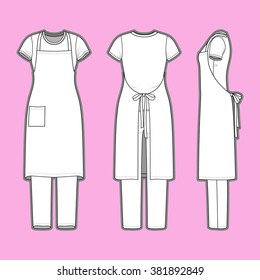 Front, back and side views of women's set. Blank templates of t-shirt, pants and apron. Casual style. Vector illustration on the pink background for your fashion design. 