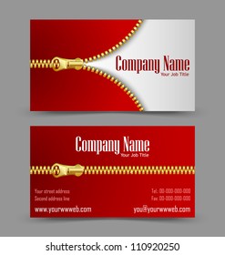 Front and back side of zipper theme business card isolated on grey background