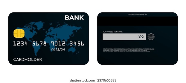 Front and back sides of debit or credit bank card with world map, vector illustration.