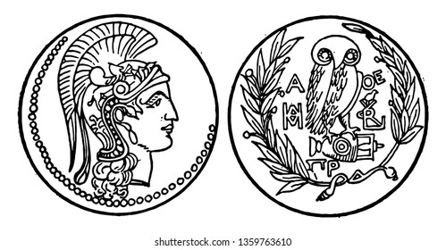 The front and back sides of an old coin. One side shows the face of god and another side indicates the bird along with the vines and letters, vintage line drawing or engraving illustration.