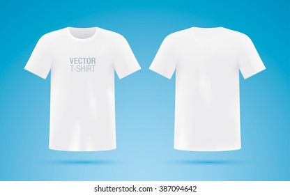 The front and back sides of the white T-shirt isolated on a blue background. Realistic vector mockup of the shirt with copy space. Hanging Tshirt template.