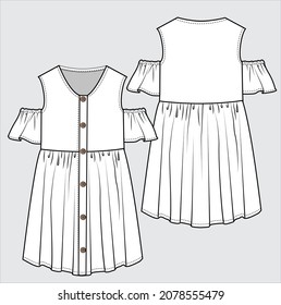 FRONT AND BACK SKETCH OF COLD SHOULDER FRILL DRESS FOR TEEN GIRLS AND KID GIRLS IN EDITABLE VECTOR FILE