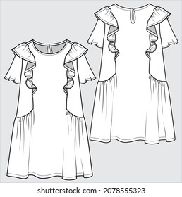 FRONT AND BACK SKETCH OF FRILL DRESS FOR TEEN GIRLS AND KID GIRLS IN EDITABLE VECTOR FILE