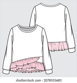 FRONT AND BACK SKETCH OF FRILL SWEAT TOP FOR TEEN GIRLS AND KID GIRLS IN EDITABLE VECTOR FILE