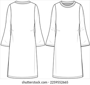 FRONT AND BACK SKETCH OF LONG FLARED SLEEVES KNIT DRESS WITH SIDE SLIT FOR TEEN GIRLS, YOUNG WOMEN AND WOMEN IN VECTOR ILLUSTRATION