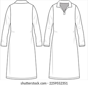ESQUEMA DELANTERO Y TRASERO DE LARGAS MANGAS VESTIDAS DE COLLAR CONVERTIBLES CON LÁMINA LATERAL PARA NIÑAS ADOLESCENTES, MUJERES Y MUJERES JÓVENES EN ILUSTRACIÓN DE VECTORES