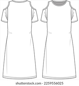 FRONT AND BACK SKETCH OF SHORT SLEEVES KNIT DRESS WITHCOLD SHOULDER DETAIL FOR TEEN GIRLS, YOUNG WOMEN AND WOMEN IN VECTOR ILLUSTRATION