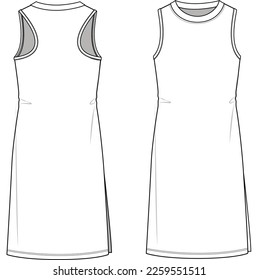 FRONT AND BACK SKETCH OF SLEEVLESS RACER BACK KNIT DRESS WITH SIDE SLIT FOR TEEN GIRLS, YOUNG WOMEN AND WOMEN IN VECTOR ILLUSTRATION