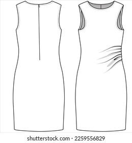 FRONT AND BACK SKETCH OF SLEEVLESS RACER FRONT KNIT DRESS WITH KNIFE PLEAT DETAIL FOR TEEN GIRLS, YOUNG WOMEN AND WOMEN IN VECTOR ILLUSTRATION