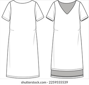 FRONT AND BACK SKETCH OF V NECK SHORT SLEEVE KNIT DRESS WITH HIGH LOW HEMLINE DETAIL FOR TEEN GIRLS, YOUNG WOMEN AND WOMEN IN VECTOR ILLUSTRATION