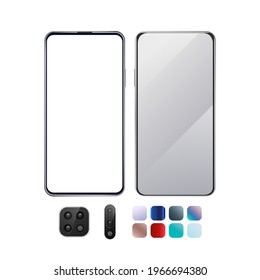 Front, back smartphone mockup with camera and colors set. Blank display. 3d vector illustration