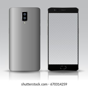 Front and back smartphone mockup. Easy place image into screen smartphone with shiny layer. Vector illustration for printing and web element, Game and application mockup.
