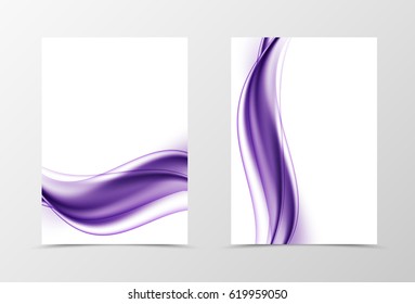 Front and back smooth design flyer template with purple light curved waves in soft elegant style. Vector illustration