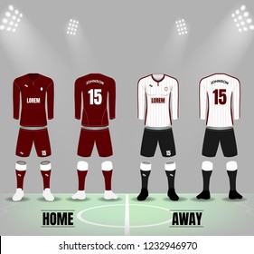 Front and back of soccer uniforms in dark red and white color with socks and shoes