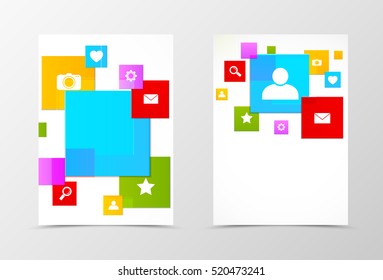 Front and back social media flyer template design. Abstract template with colorful squares and icons in digital style. Vector illustration