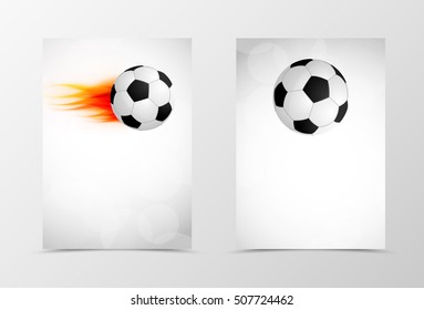 Front and back sport flyer template design. Abstract template with soccer ball and flame in dynamic style. Vector illustration