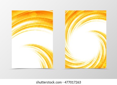 Front and back swirl flyer template design. Abstract template with orange waves and halftone effect in bright style. Vector illustration