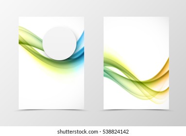 Front and back swirl flyer template design. Abstract template with colorful lines and gray paper circle in wavy digital style. Vector illustration