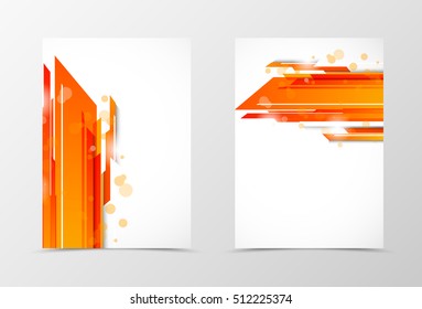 Front and back tech flyer template design. Abstract template with orange straight lines and transparent circles in digital style. Vector illustration