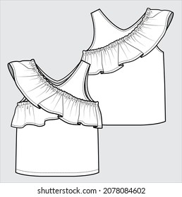 FRONT AND BACK TECHNICAL SKETCH OF FRILL WOVEN TOP FOR TEEN GIRLS AND KID GIRLS EDITABLE VECTOR FILE