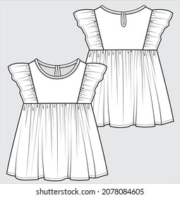 FRONT AND BACK TECHNICAL SKETCH OF FRILL WOVEN TOP FOR TEEN GIRLS AND KID GIRLS EDITABLE VECTOR FILE