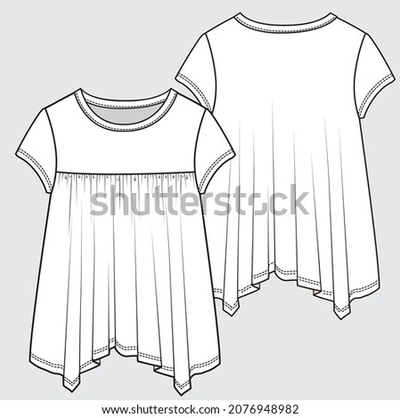 FRONT AND BACK TECHNICAL SKETCH OF KNIT TOP FOR TEEN GIRLS AND KID GIRLS IN EDITABLE VECTOR FILE