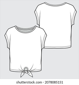 FRONT AND BACK TECHNICAL SKETCH OF FRONT KOTTED KNIT TOP FOR TEEN GIRLS AND KID GIRLS EDITABLE VECTOR FILE