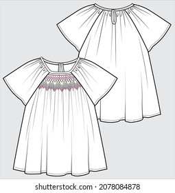 FRONT AND BACK TECHNICAL SKETCH OF SMOCKED WOVEN TOP FOR TEEN GIRLS AND KID GIRLS EDITABLE VECTOR FILE