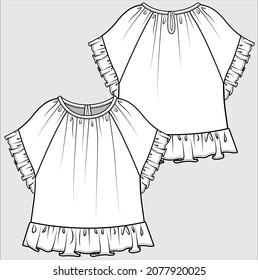 FRONT AND BACK TECHNICAL SKETCH OF WOVEN TOP FOR TEEN GIRLS AND KID GIRLS EDITABLE VECTOR FILE
