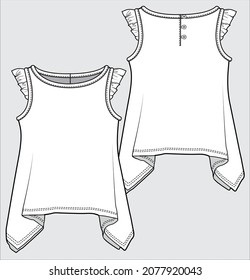 FRONT AND BACK TECHNICAL SKETCH OF WOVEN TOP FOR TEEN GIRLS AND KID GIRLS EDITABLE VECTOR FILE
