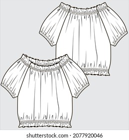 FRONT AND BACK TECHNICAL SKETCH OF WOVEN TOP FOR TEEN GIRLS AND KID GIRLS EDITABLE VECTOR FILE