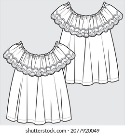 FRONT AND BACK TECHNICAL SKETCH OF WOVEN TOP FOR TEEN GIRLS AND KID GIRLS EDITABLE VECTOR FILE